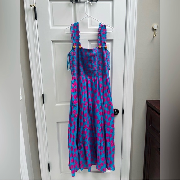 ANTHROPOLOGIE + FIGUE Luella Polka Dot Maxi Tiered Dress w Smocking & PomPoms - Picture 8 of 10